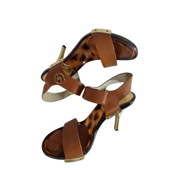 MICHAEL KORS! PECAN BROWN GENUINE LEATHER W/GOLD, TORTIE SOLE SANDALS! SZ 6.5M - Picture 5 of 8